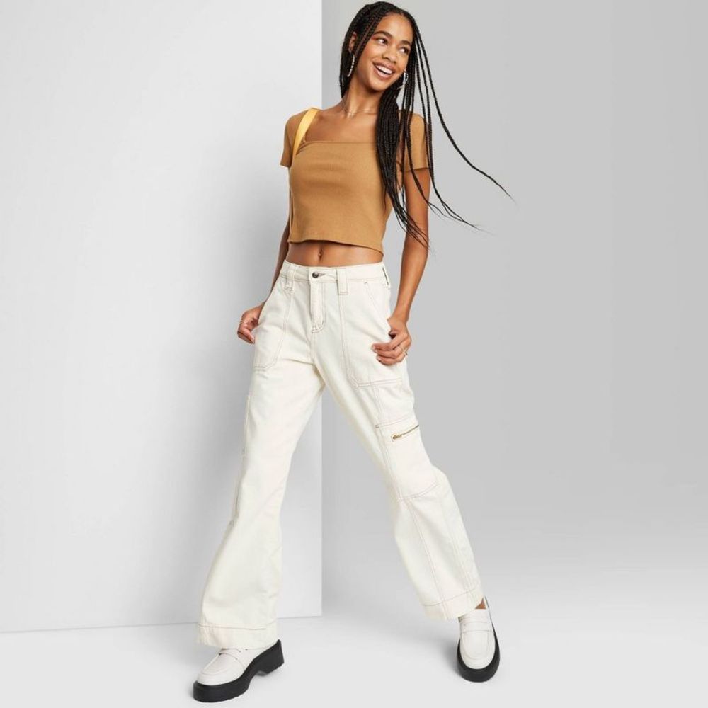 Women's High-Rise Cargo Baggy Jeans - Wild Fable Off-White 4